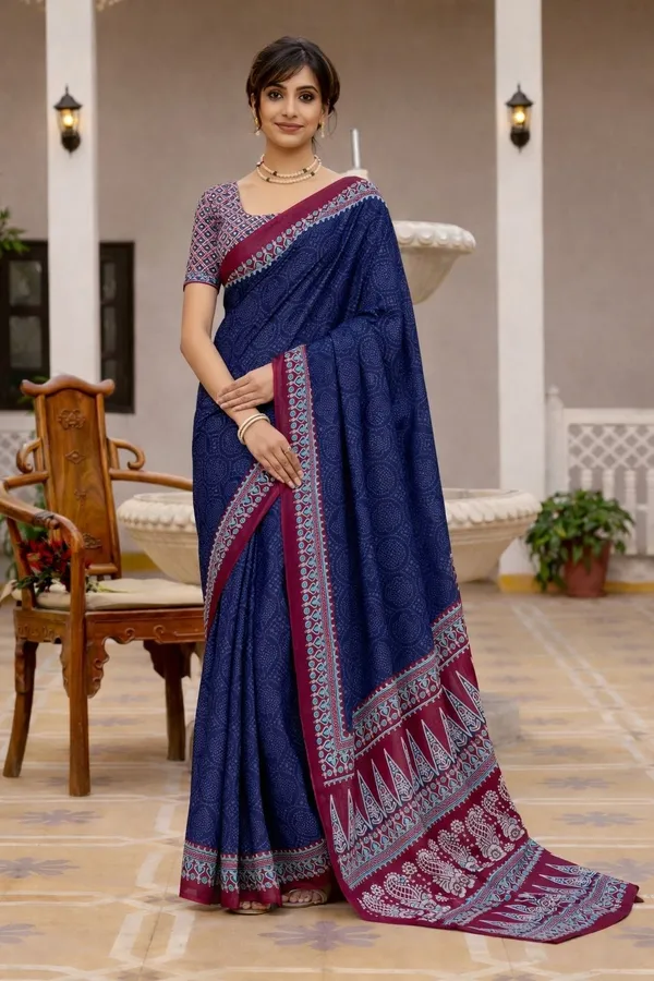 Leelavati_Printed_Floral_Print_Geometric_Print_Blocked_Printed_Ikkat_Pure_Cotton_Saree_Dark_Blue