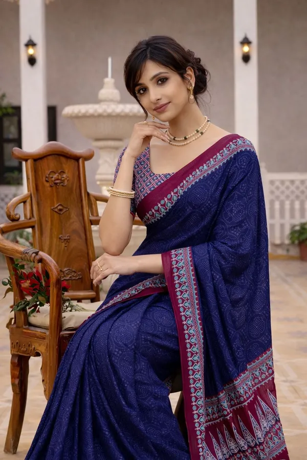 Leelavati_Printed_Floral_Print_Geometric_Print_Blocked_Printed_Ikkat_Pure_Cotton_Saree_Dark_Blue