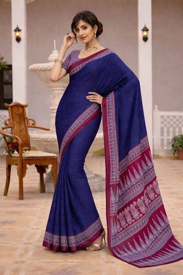 Leelavati_Printed_Floral_Print_Geometric_Print_Blocked_Printed_Ikkat_Pure_Cotton_Saree_Dark_Blue