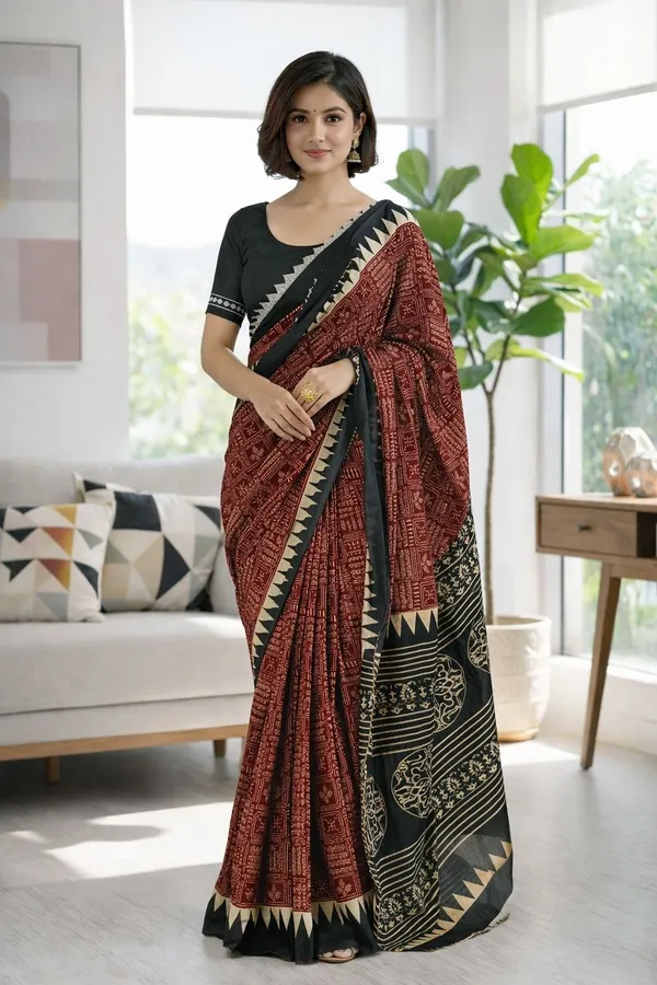 Leelavati_Printed_Floral_Print_Geometric_Print_Blocked_Printed_Ikkat_Pure_Cotton_Saree_Multicolor