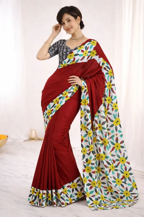 Leelavati_Printed_Floral_Print_Ikkat_Pure_Cotton_Saree_Maroon