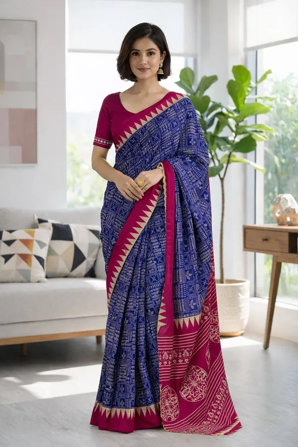 Leelavati_Printed_Floral_Print_Geometric_Print_Blocked_Printed_Ikkat_Pure_Cotton_Saree_Blue