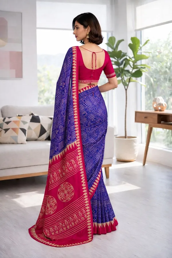 Leelavati_Printed_Floral_Print_Geometric_Print_Blocked_Printed_Ikkat_Pure_Cotton_Saree_Blue