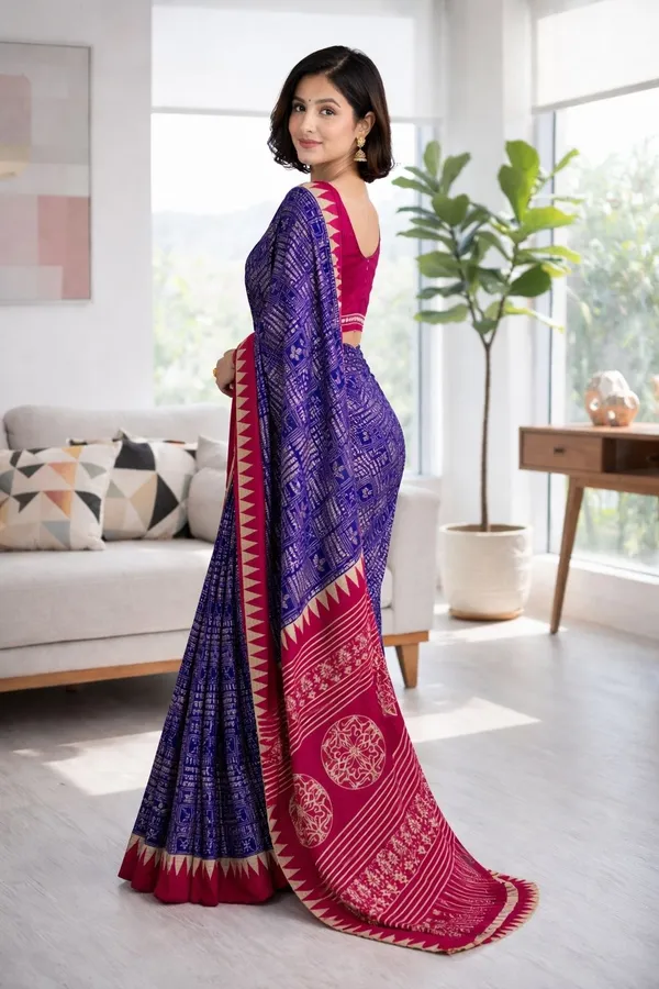 Leelavati_Printed_Floral_Print_Geometric_Print_Blocked_Printed_Ikkat_Pure_Cotton_Saree_Blue