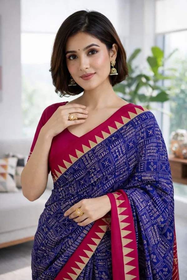 Leelavati_Printed_Floral_Print_Geometric_Print_Blocked_Printed_Ikkat_Pure_Cotton_Saree_Blue