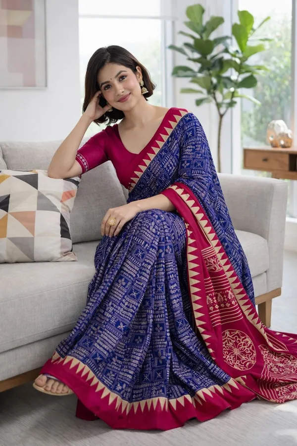 Leelavati_Printed_Floral_Print_Geometric_Print_Blocked_Printed_Ikkat_Pure_Cotton_Saree_Blue