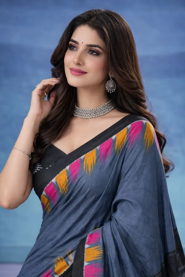 Leelavati_Printed_Floral_Print_Geometric_Print_Blocked_Printed_Daily_Wear_Pure_Cotton_Saree_Dark_Blue