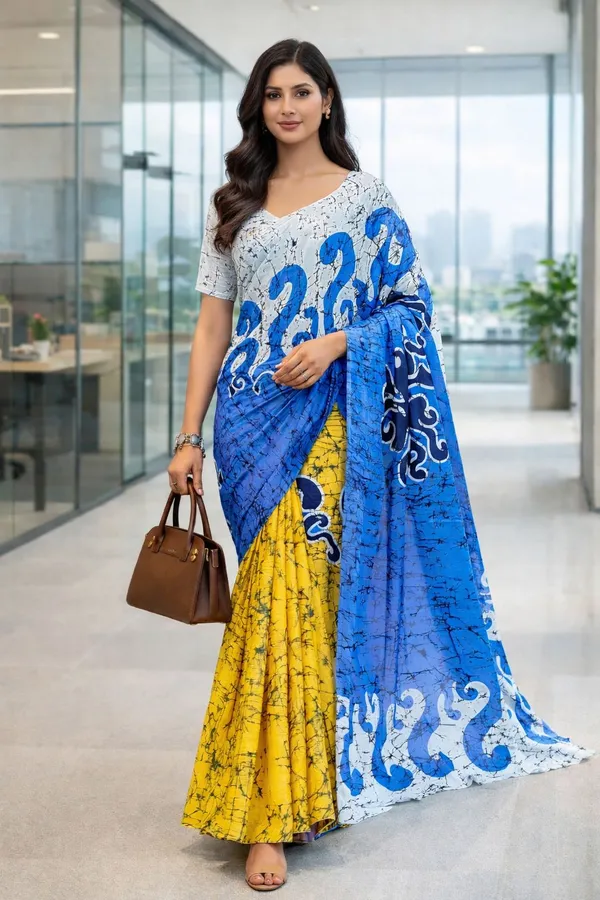 Leelavati_Printed_Floral_Print_Geometric_Print_Blocked_Printed_Daily_Wear_Pure_Cotton_Saree_White_And_Blue