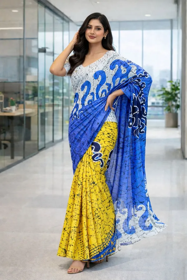 Leelavati_Printed_Floral_Print_Geometric_Print_Blocked_Printed_Daily_Wear_Pure_Cotton_Saree_White_And_Blue
