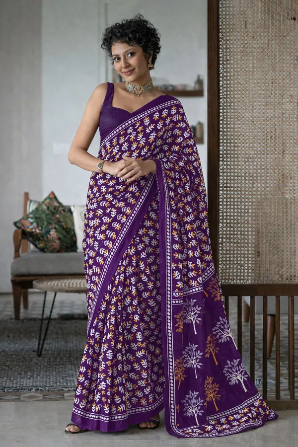 Leelavati_Printed_Floral_Print_Geometric_Print_Blocked_Printed_Daily_Wear_Pure_Cotton_Saree_Purple