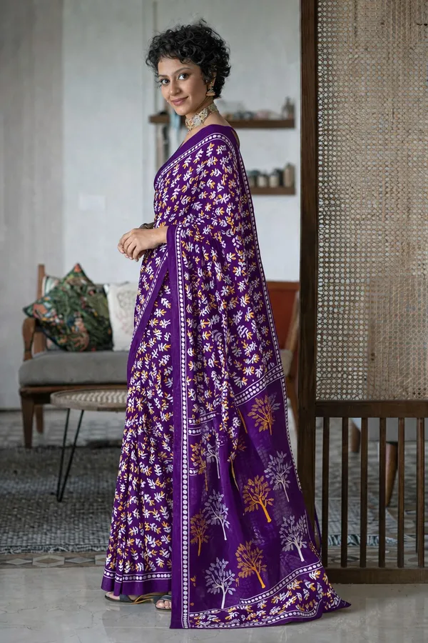 Leelavati_Printed_Floral_Print_Geometric_Print_Blocked_Printed_Daily_Wear_Pure_Cotton_Saree_Purple