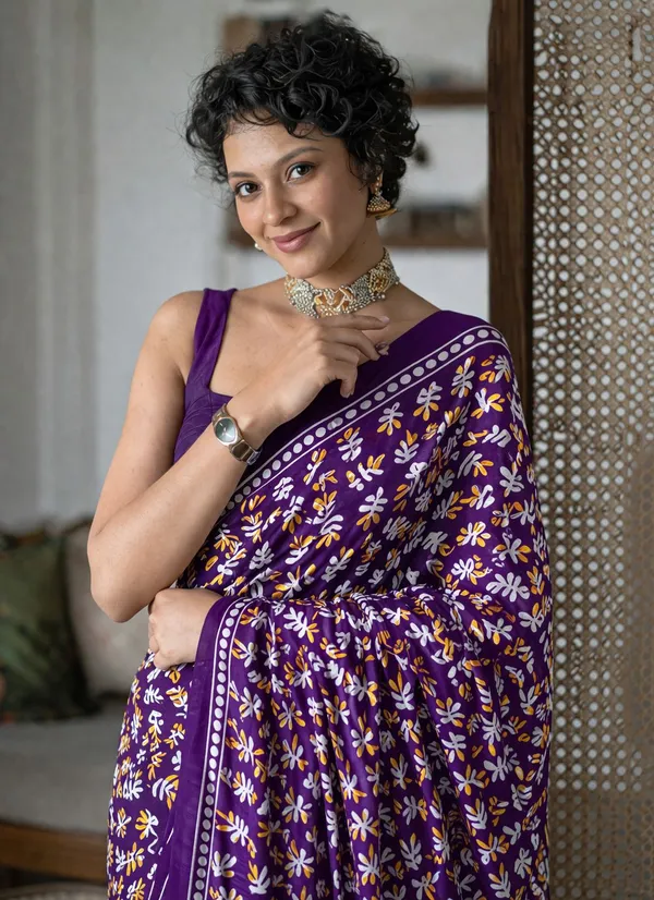 Leelavati_Printed_Floral_Print_Geometric_Print_Blocked_Printed_Daily_Wear_Pure_Cotton_Saree_Purple