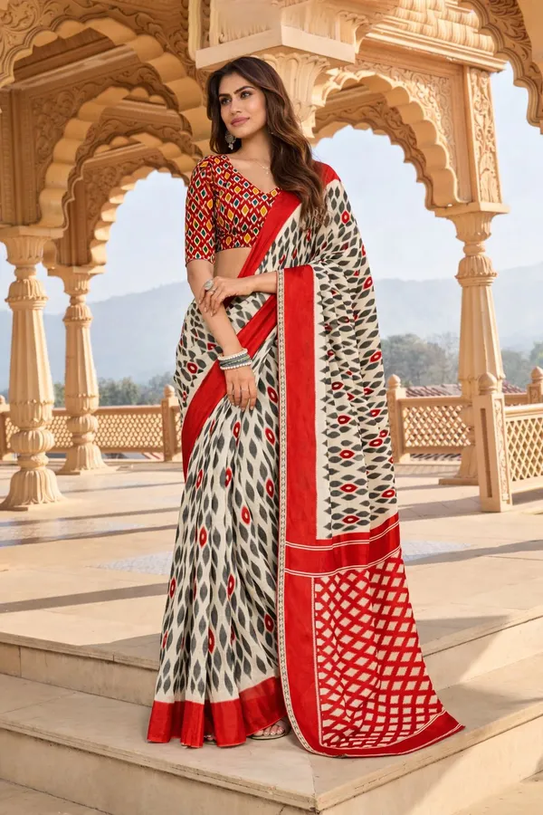 Leelavati_Printed_Floral_Print_Geometric_Print_Blocked_Printed_Daily_Wear_Pure_Cotton_Saree_Red