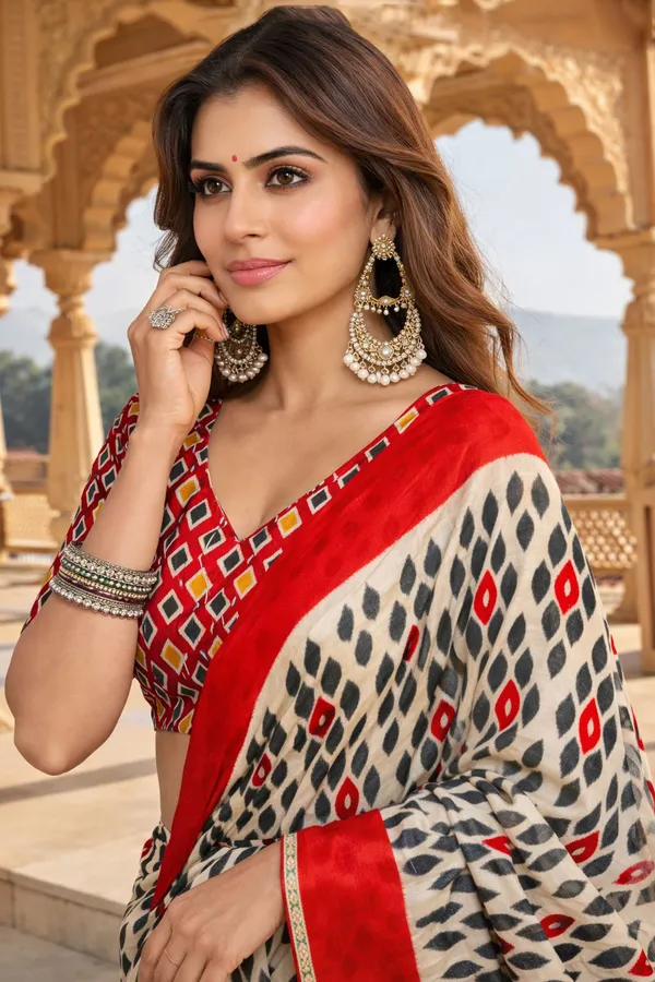 Leelavati_Printed_Floral_Print_Geometric_Print_Blocked_Printed_Daily_Wear_Pure_Cotton_Saree_Red