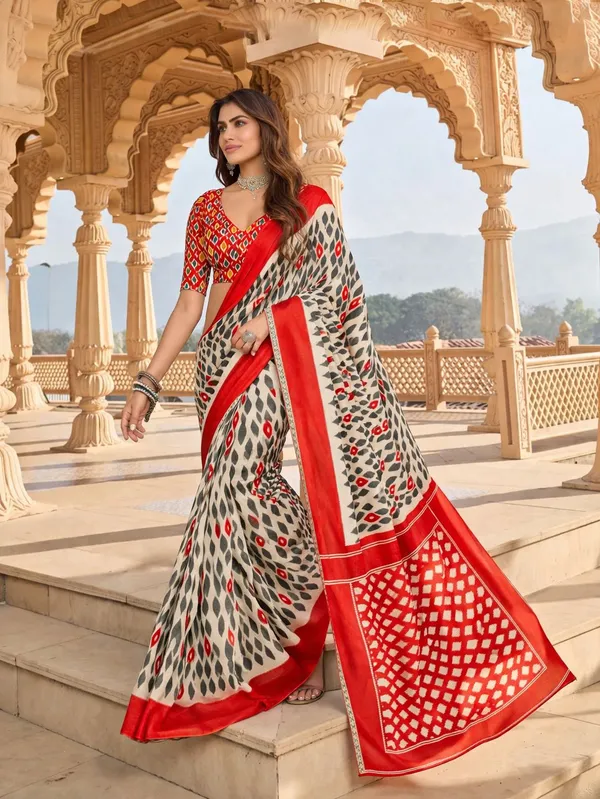 Leelavati_Printed_Floral_Print_Geometric_Print_Blocked_Printed_Daily_Wear_Pure_Cotton_Saree_Red