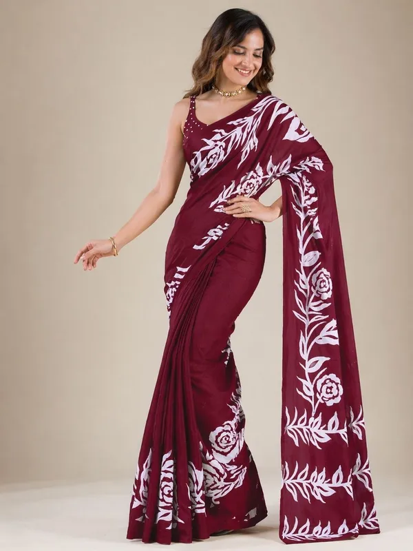 Leelavati_Printed_Floral_Print_Geometric_Print_Blocked_Printed_Daily_Wear_Pure_Cotton_Saree_Maroon