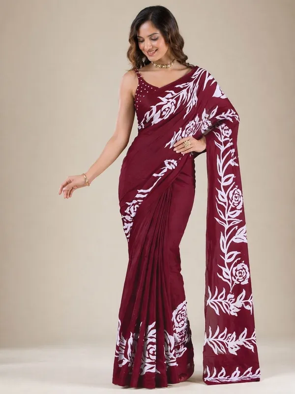 Leelavati_Printed_Floral_Print_Geometric_Print_Blocked_Printed_Daily_Wear_Pure_Cotton_Saree_Maroon