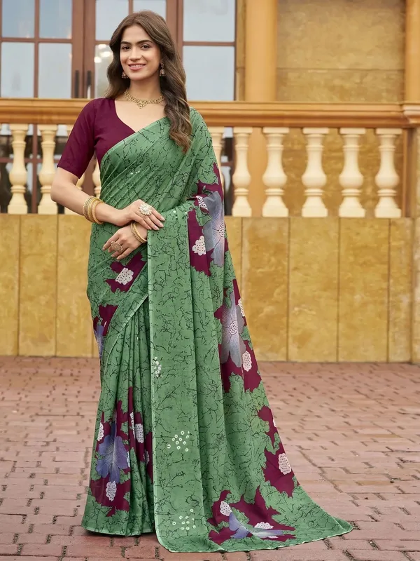 Leelavati_Printed_Floral_Print_Geometric_Print_Blocked_Printed_Daily_Wear_Pure_Cotton_Saree_Green