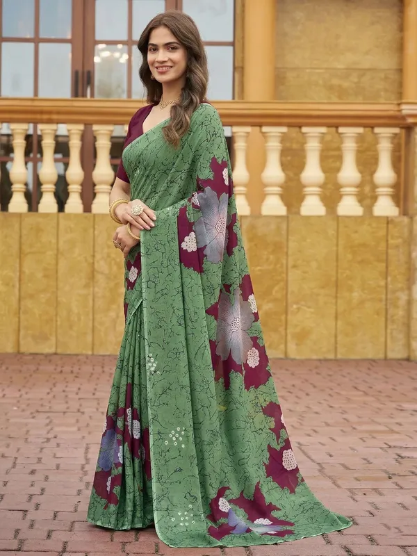 Leelavati_Printed_Floral_Print_Geometric_Print_Blocked_Printed_Daily_Wear_Pure_Cotton_Saree_Green