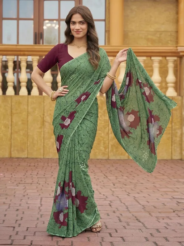 Leelavati_Printed_Floral_Print_Geometric_Print_Blocked_Printed_Daily_Wear_Pure_Cotton_Saree_Green