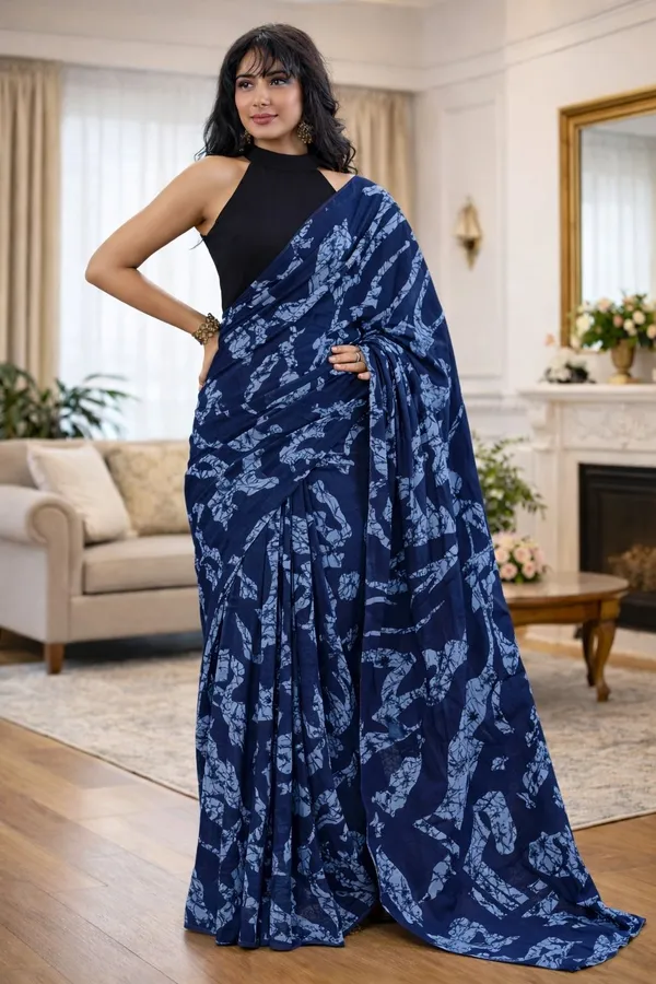 Leelavati_Printed_Floral_Print_Geometric_Print_Blocked_Printed_Daily_Wear_Pure_Cotton_Saree_Blue