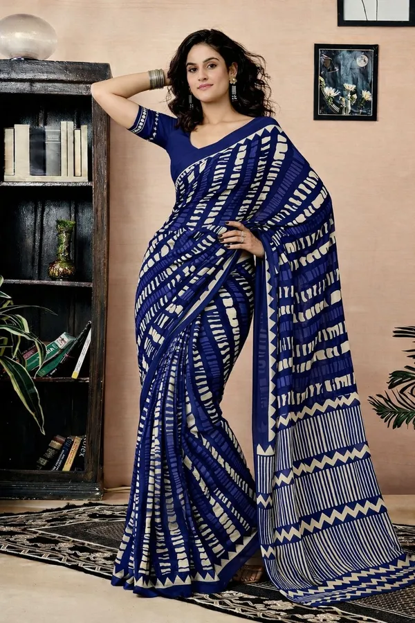 Leelavati_Printed_Floral_Print_Geometric_Print_Blocked_Printed_Daily_Wear_Pure_Cotton_Saree_Blue