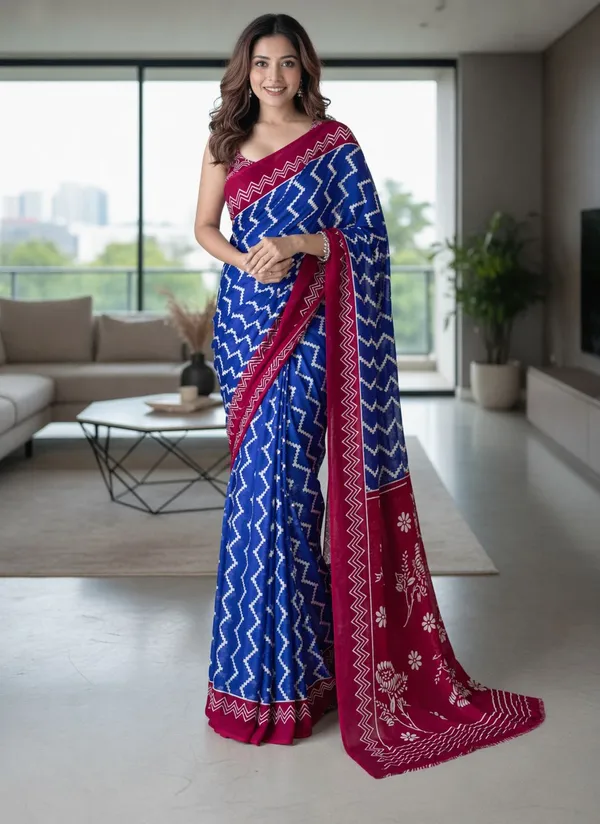 Leelavati_Printed_Floral_Print_Geometric_Print_Blocked_Printed_Daily_Wear_Pure_Cotton_Saree_Blue
