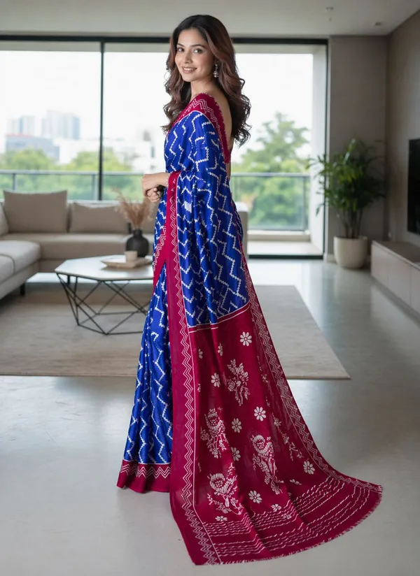 Leelavati_Printed_Floral_Print_Geometric_Print_Blocked_Printed_Daily_Wear_Pure_Cotton_Saree_Blue