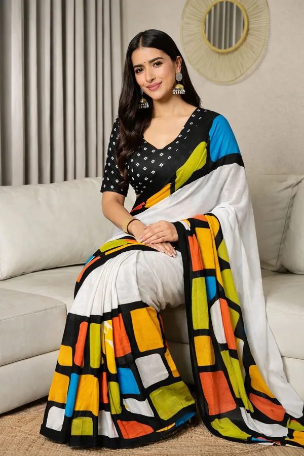Leelavati_Printed_Floral_Print_Geometric_Print_Blocked_Printed_Daily_Wear_Pure_Cotton_Saree_Black