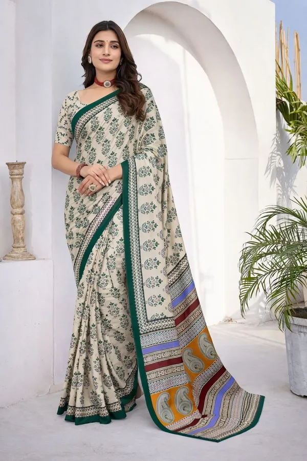 Leelavati_Printed_Floral_Print_Geometric_Print_Blocked_Printed_Daily_Wear_Pure_Cotton_Saree_Green