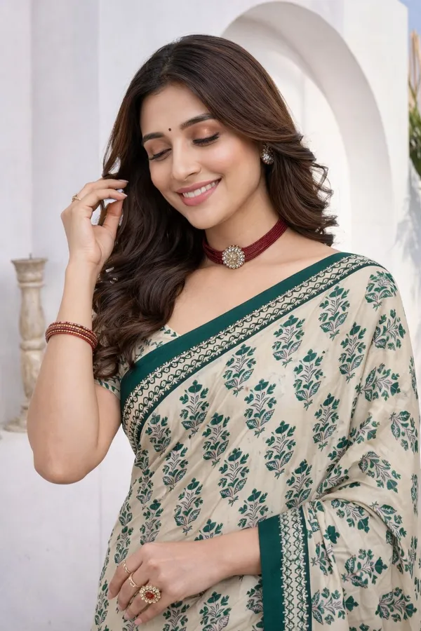 Leelavati_Printed_Floral_Print_Geometric_Print_Blocked_Printed_Daily_Wear_Pure_Cotton_Saree_Green