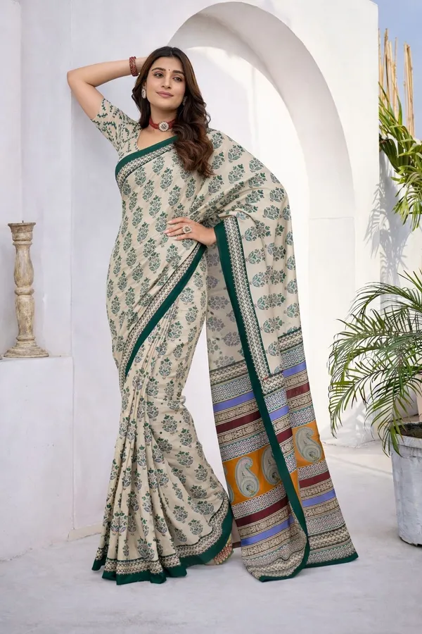 Leelavati_Printed_Floral_Print_Geometric_Print_Blocked_Printed_Daily_Wear_Pure_Cotton_Saree_Green