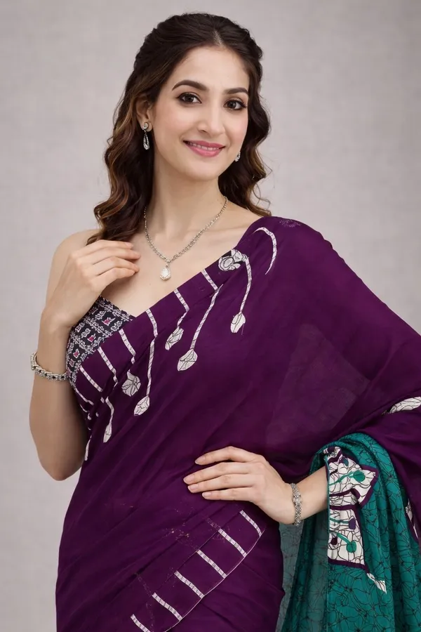 Leelavati_Printed_Floral_Print_Geometric_Print_Blocked_Printed_Daily_Wear_Pure_Cotton_Saree_Purple