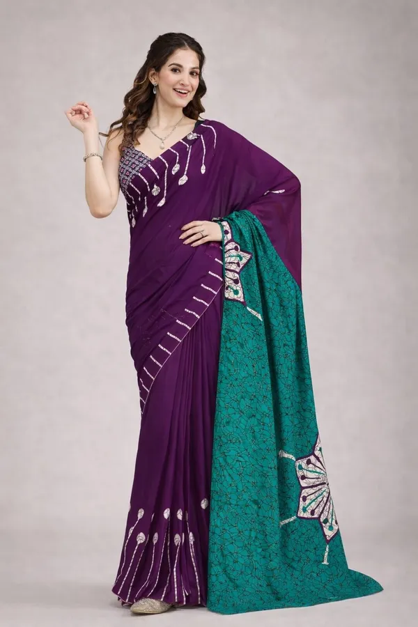 Leelavati_Printed_Floral_Print_Geometric_Print_Blocked_Printed_Daily_Wear_Pure_Cotton_Saree_Purple