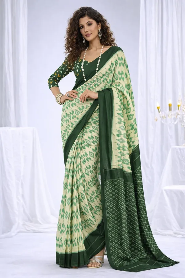 Leelavati_Printed_Floral_Print_Geometric_Print_Blocked_Printed_Daily_Wear_Pure_Cotton_Saree_Green