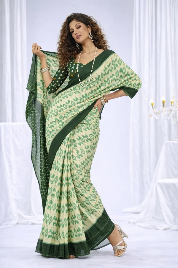 Leelavati_Printed_Floral_Print_Geometric_Print_Blocked_Printed_Daily_Wear_Pure_Cotton_Saree_Green