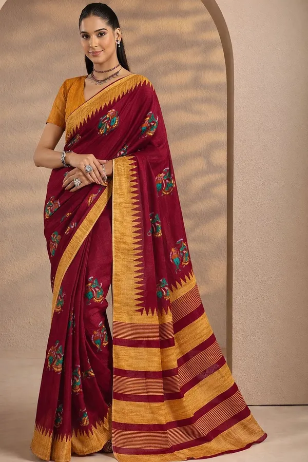 Leelavati_Printed_Floral_Print_Geometric_Print_Blocked_Printed_Daily_Wear_Pure_Cotton_Saree_Red