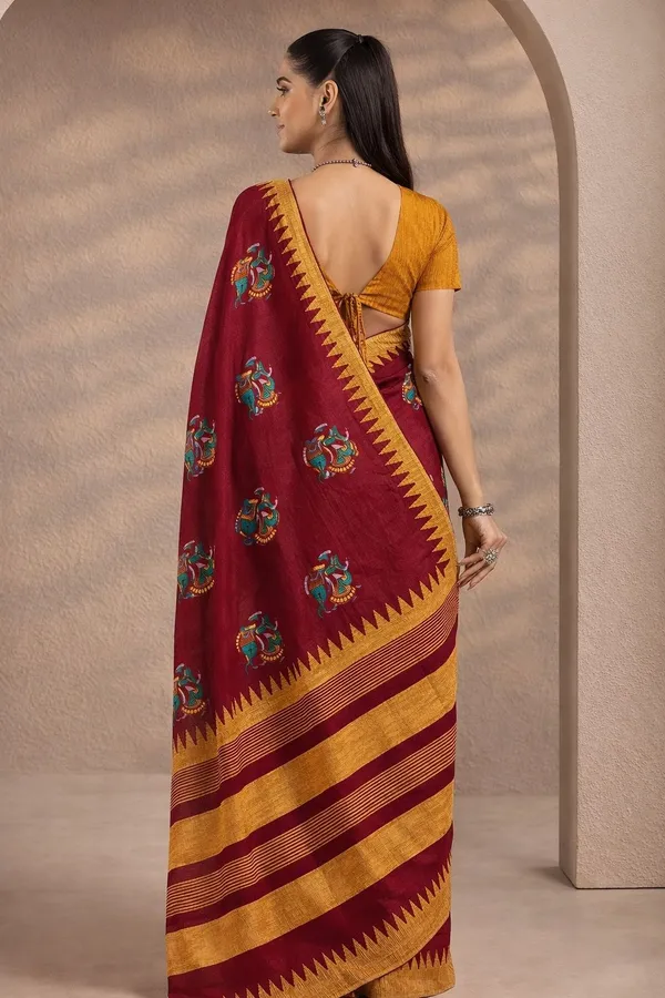 Leelavati_Printed_Floral_Print_Geometric_Print_Blocked_Printed_Daily_Wear_Pure_Cotton_Saree_Red