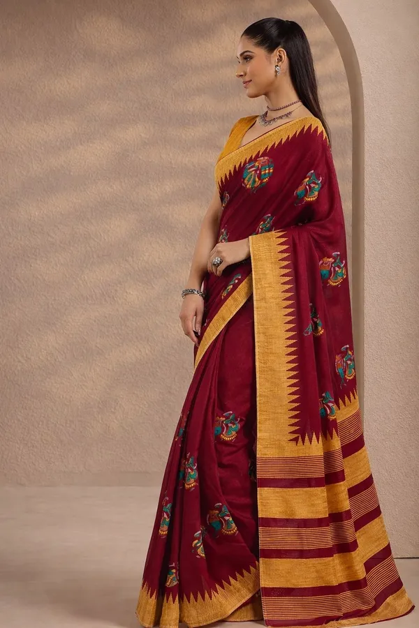 Leelavati_Printed_Floral_Print_Geometric_Print_Blocked_Printed_Daily_Wear_Pure_Cotton_Saree_Red