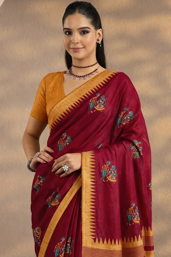 Leelavati_Printed_Floral_Print_Geometric_Print_Blocked_Printed_Daily_Wear_Pure_Cotton_Saree_Red