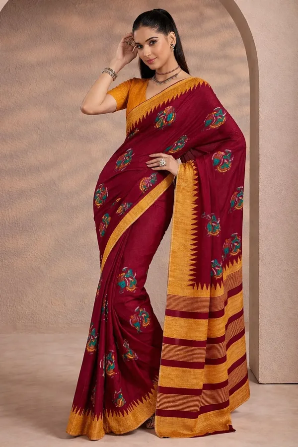 Leelavati_Printed_Floral_Print_Geometric_Print_Blocked_Printed_Daily_Wear_Pure_Cotton_Saree_Red