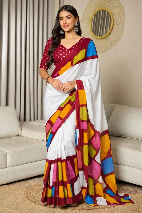 Leelavati_Printed_Floral_Print_Geometric_Print_Blocked_Printed_Daily_Wear_Pure_Cotton_Saree_Maroon