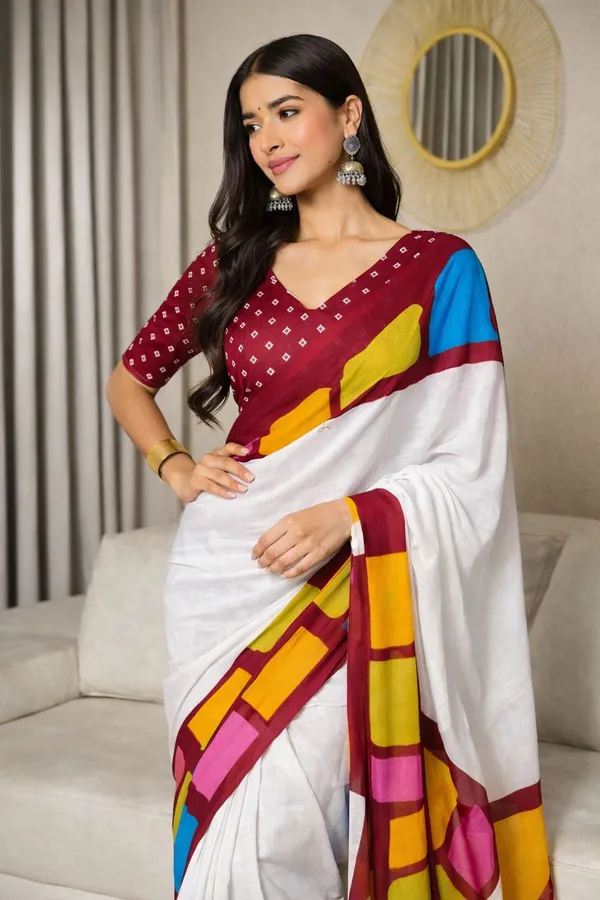 Leelavati_Printed_Floral_Print_Geometric_Print_Blocked_Printed_Daily_Wear_Pure_Cotton_Saree_Maroon