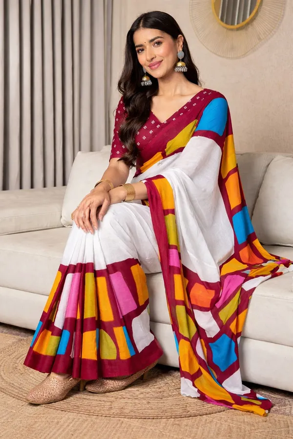 Leelavati_Printed_Floral_Print_Geometric_Print_Blocked_Printed_Daily_Wear_Pure_Cotton_Saree_Maroon