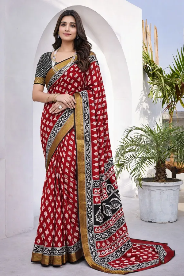 Leelavati_Printed_Floral_Print_Geometric_Print_Blocked_Printed_Woven_Daily_Wear_Pure_Cotton_Saree_Red