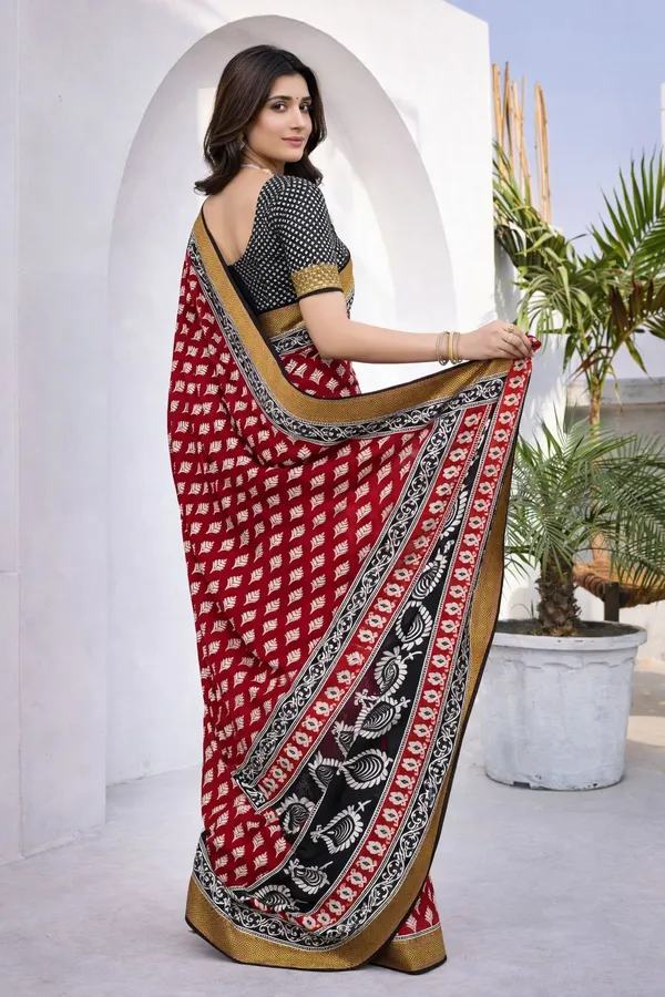 Leelavati_Printed_Floral_Print_Geometric_Print_Blocked_Printed_Woven_Daily_Wear_Pure_Cotton_Saree_Red