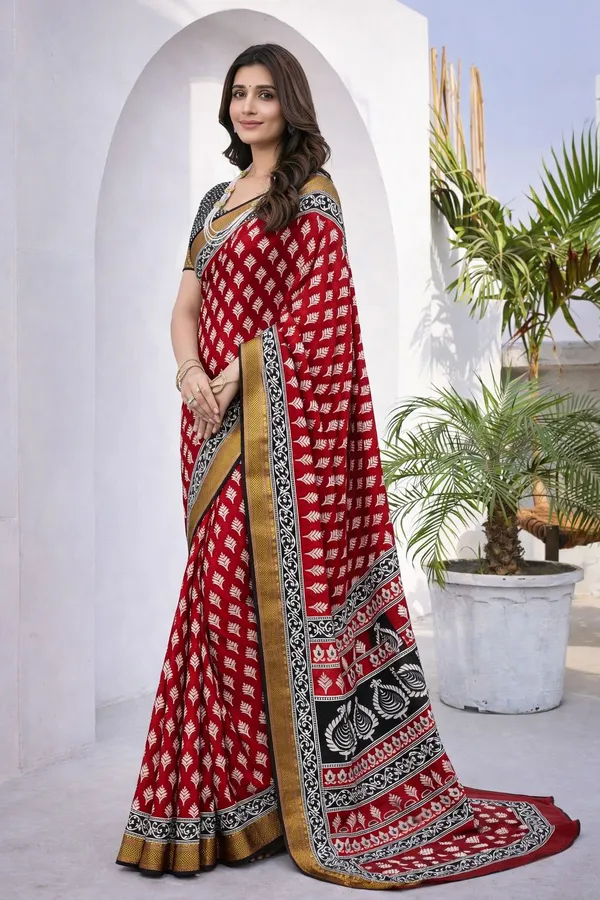 Leelavati_Printed_Floral_Print_Geometric_Print_Blocked_Printed_Woven_Daily_Wear_Pure_Cotton_Saree_Red