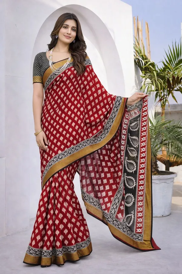 Leelavati_Printed_Floral_Print_Geometric_Print_Blocked_Printed_Woven_Daily_Wear_Pure_Cotton_Saree_Red