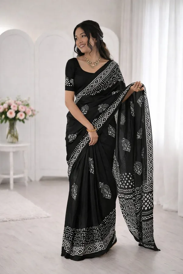 Leelavati_Printed_Floral_Print_Geometric_Print_Blocked_Printed_Daily_Wear_Pure_Cotton_Saree_Black
