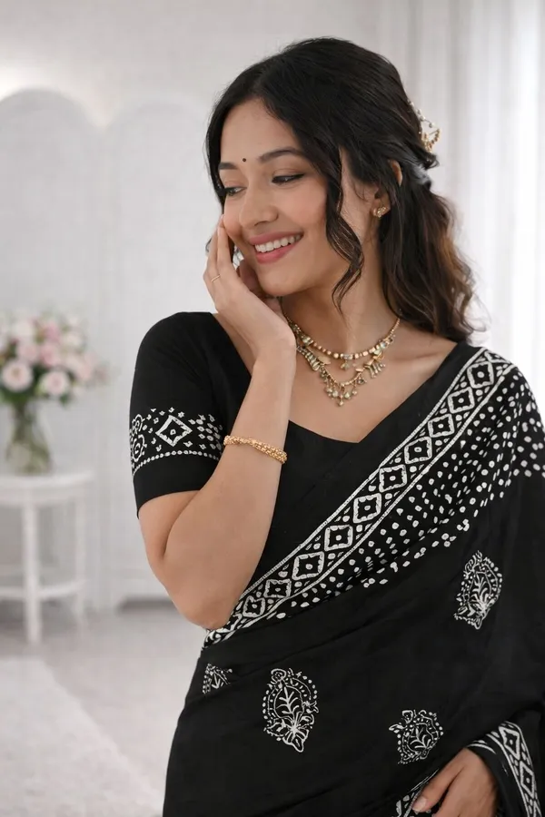 Leelavati_Printed_Floral_Print_Geometric_Print_Blocked_Printed_Daily_Wear_Pure_Cotton_Saree_Black